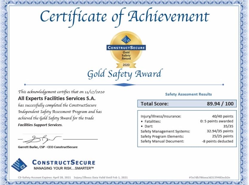 Gold Safety Award 2020 – Βραβείο Αριστείας στην Ασφάλεια Κτιρίων από την All Experts Facilities Services